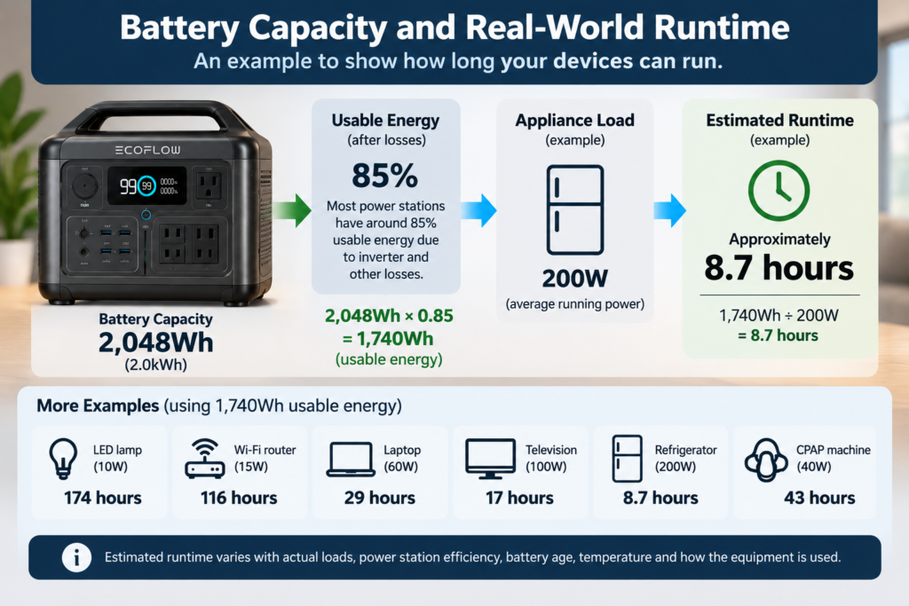 Portable power station battery capacity and real-world runtime example