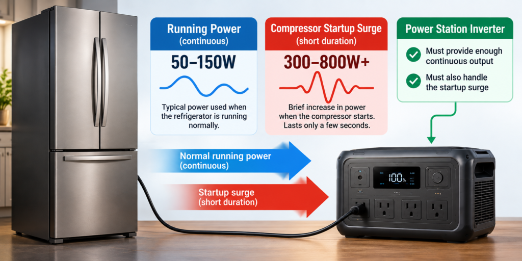 Refrigerator running power and compressor startup surge explained