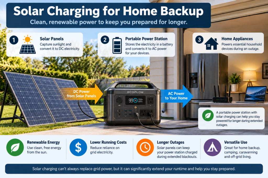 Solar panels charging a portable power station for home backup