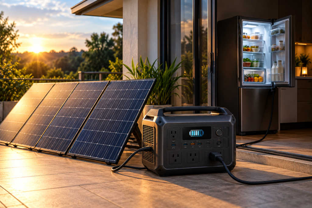 Solar panels recharging a portable power station during a power outage
