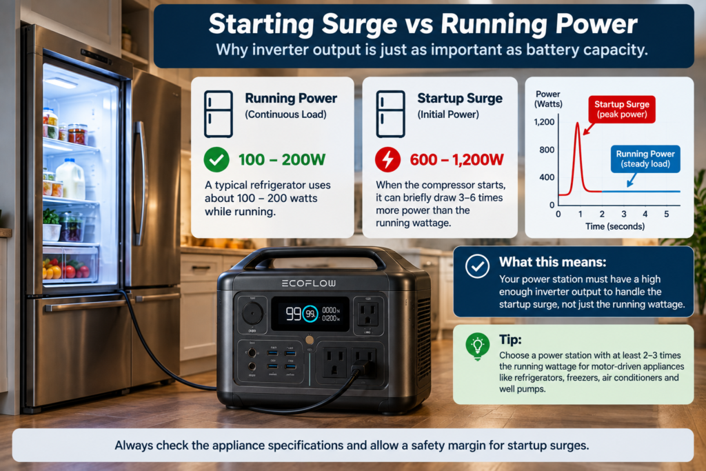 Starting surge versus running power for a refrigerator and portable power station