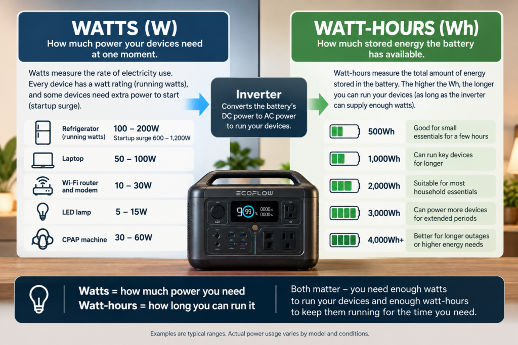 Watts and watt-hours explained for portable power station home backup