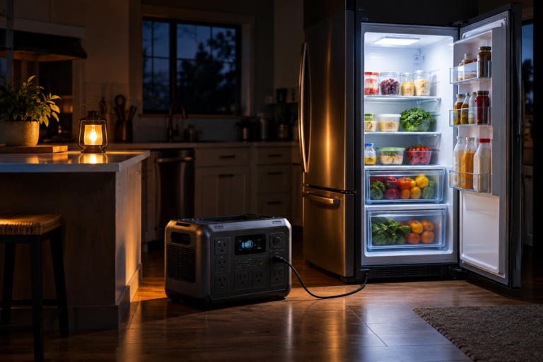Portable power station providing backup power to a refrigerator during a blackout