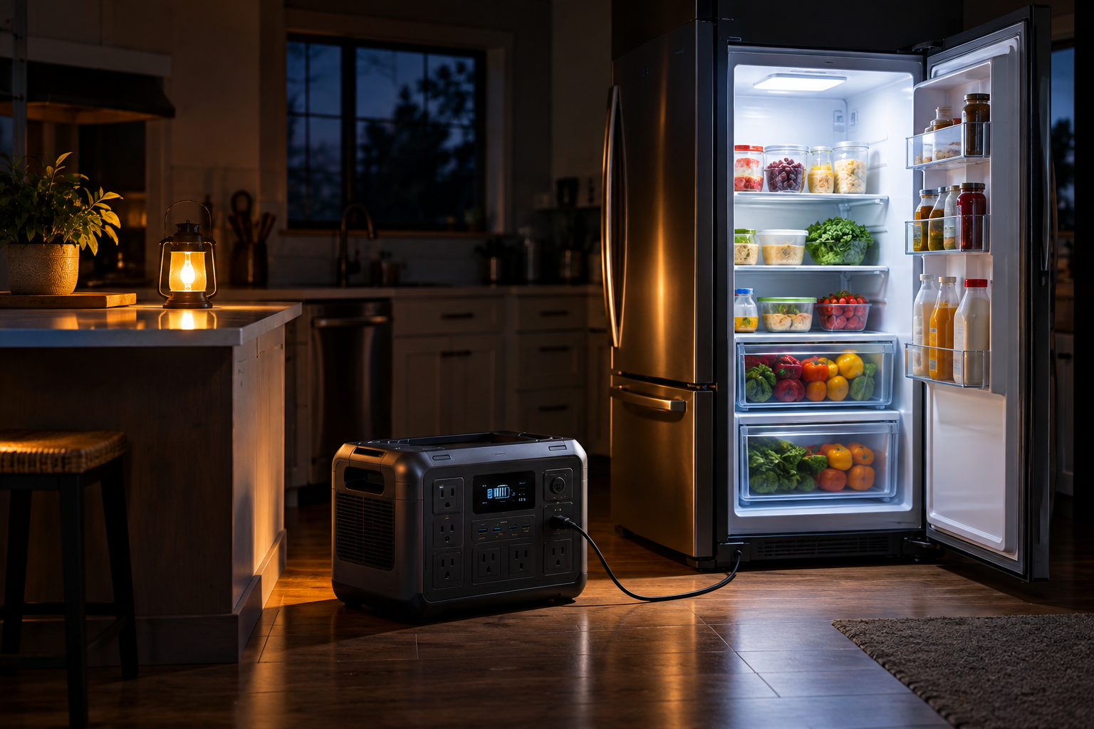 Portable power station providing backup power to a refrigerator during a blackout