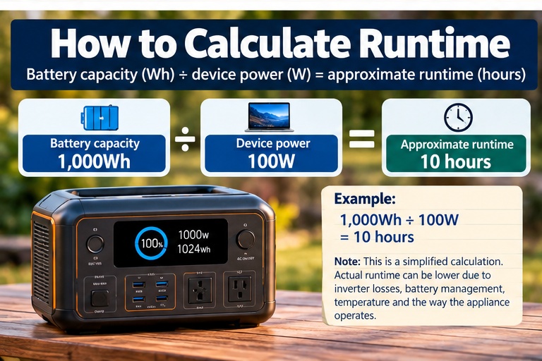 Portable power station runtime calculation using watts and watt-hours