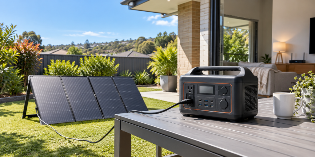 Portable power station connected to folding solar panels beside a home